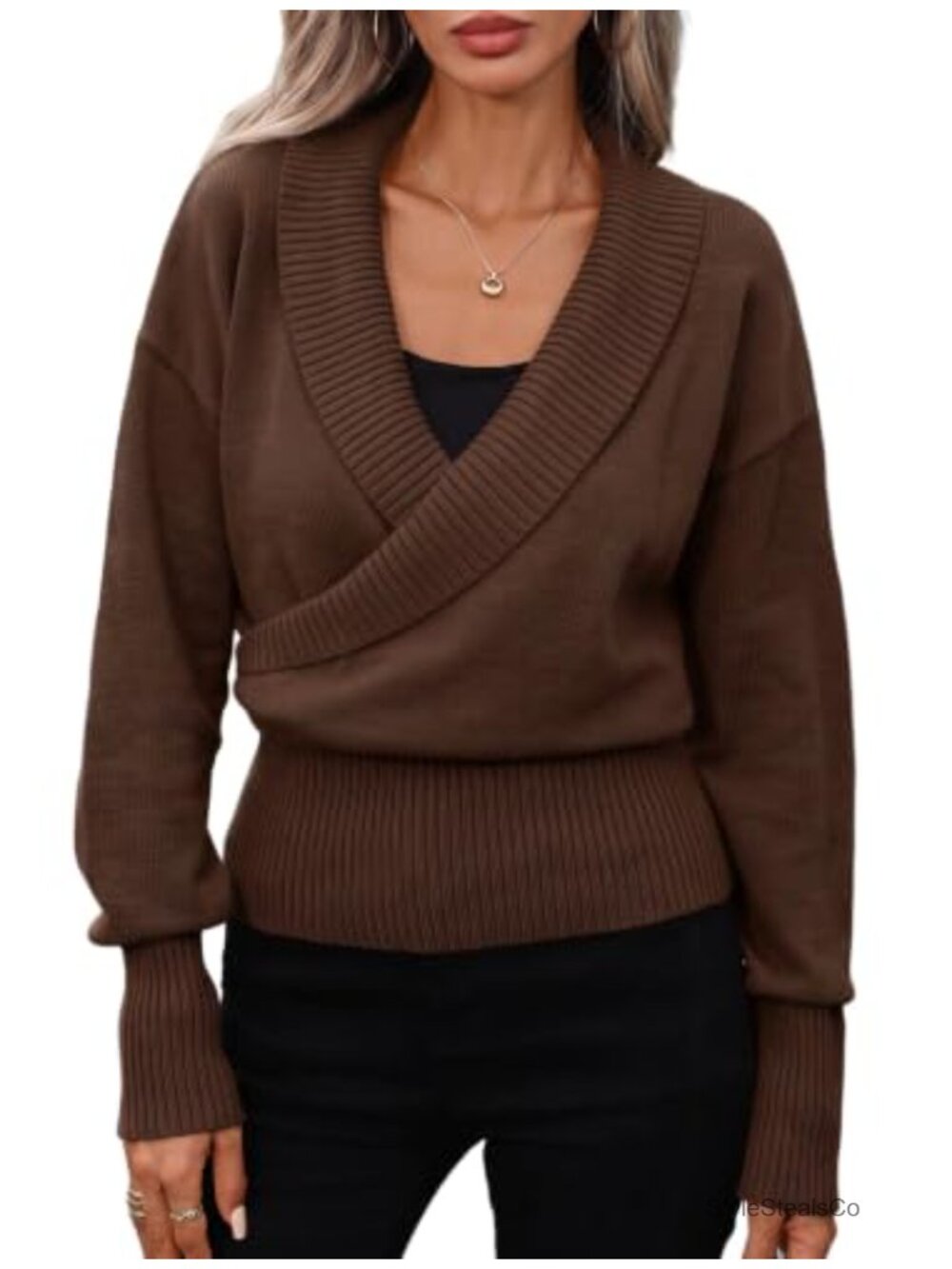 Women's Cropped Sweater V Neck Cross Front Long Sleeve Pullover Knit